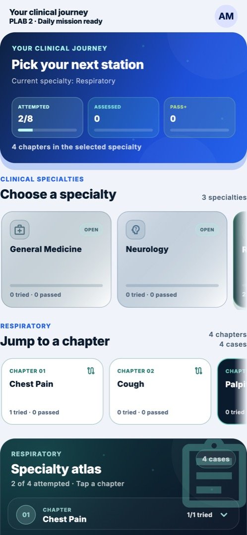 OSCEY clinical journey: specialty map with chapters and a daily mission