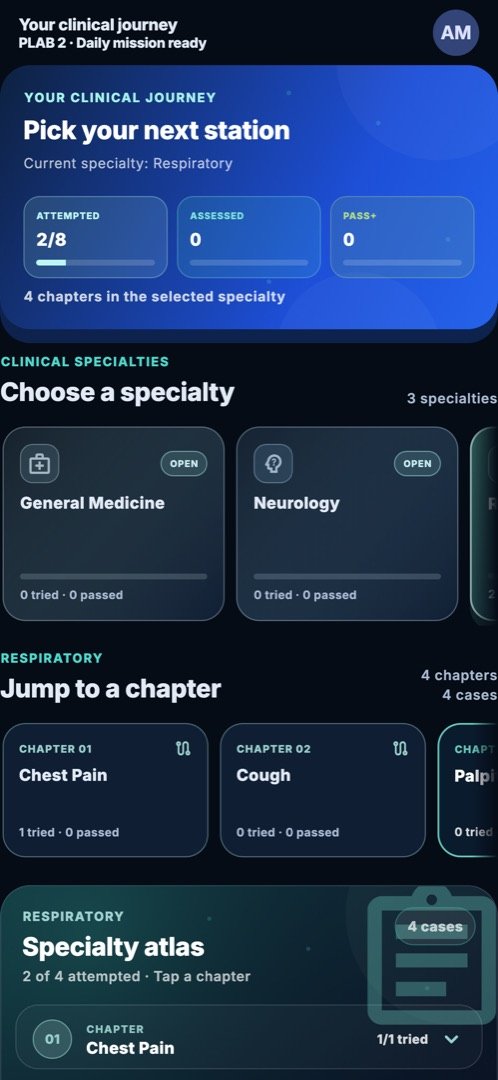 OSCEY clinical journey in dark mode: specialty map and chapters