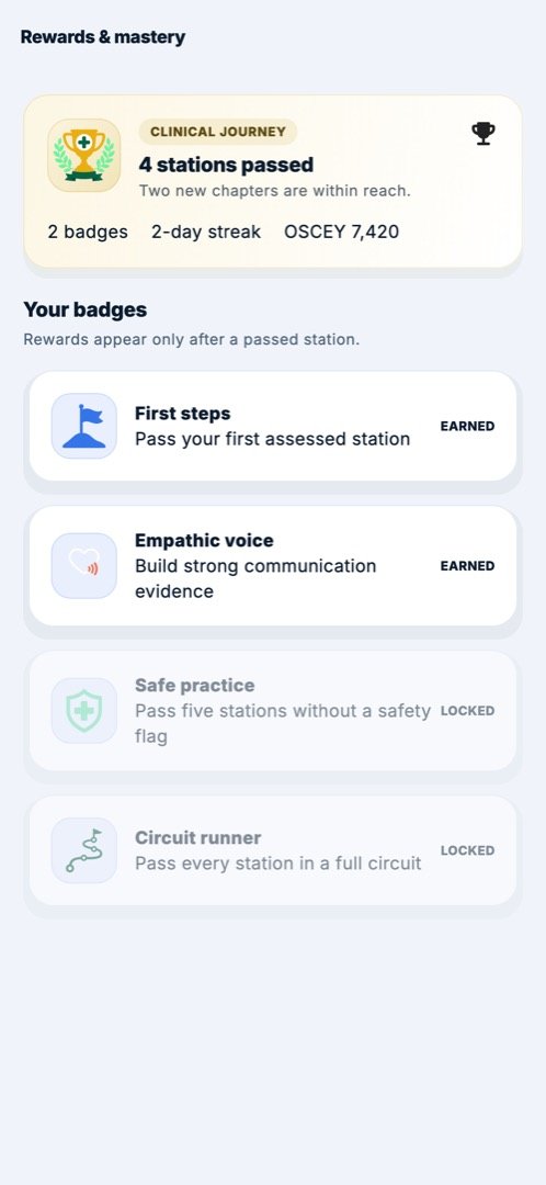 Rewards and mastery: badges earned after passed stations, streak and clinical journey