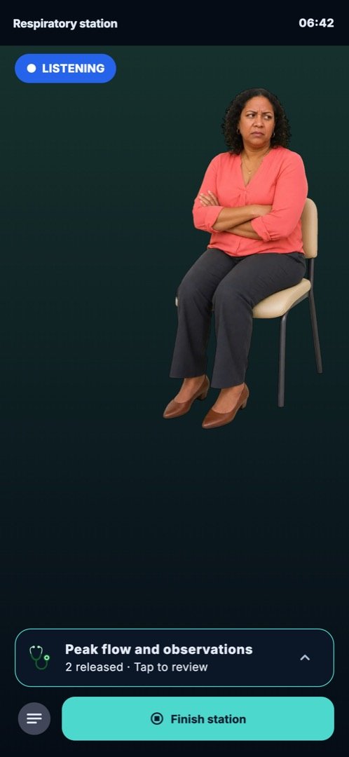 A live OSCEY station in dark mode: the simulated patient listens while the station clock runs