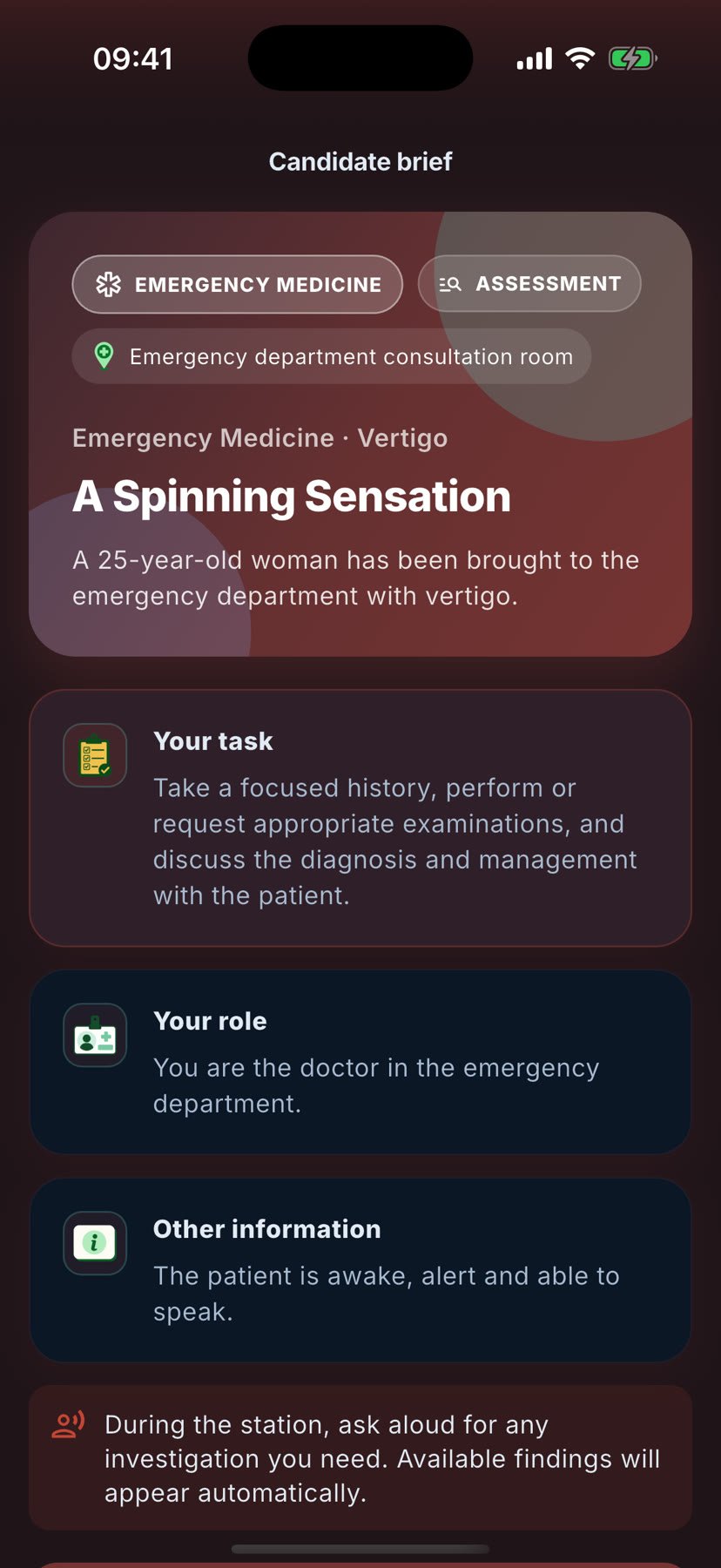 An OSCEY station brief in dark mode: the task, the role and the setting on separate cards