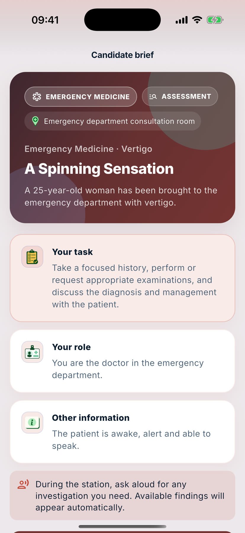 An OSCEY station brief: the task, the role and the setting on separate cards, with the reading-time clock running