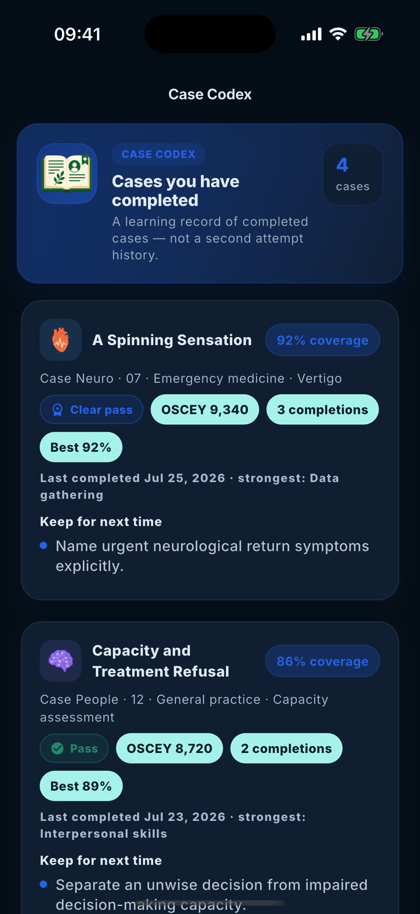 OSCEY Case Codex: completed cases with coverage, practice bands and keep-for-next-time notes