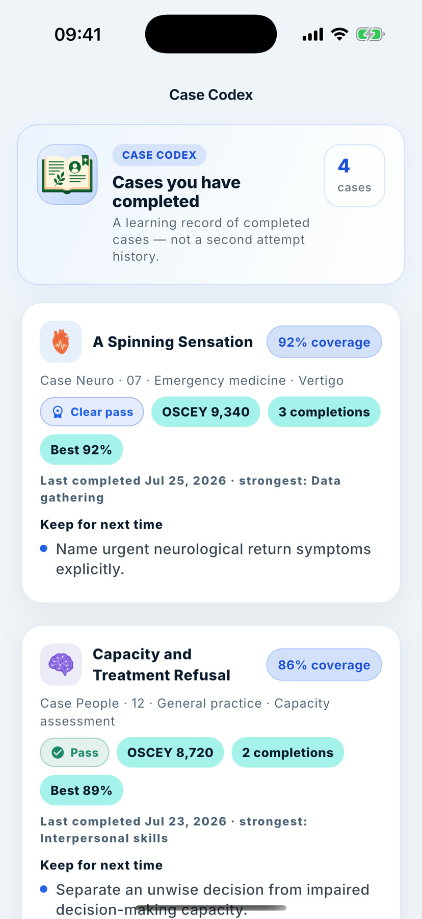 OSCEY Case Codex: completed cases with coverage, practice bands and keep-for-next-time notes