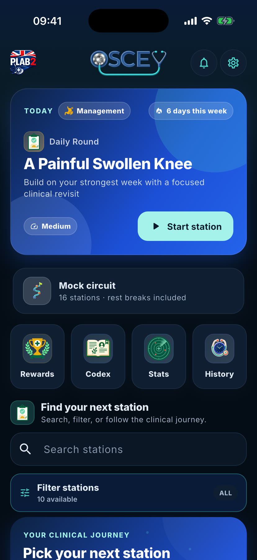 OSCEY home screen with Daily Round, mock circuit entry and station library