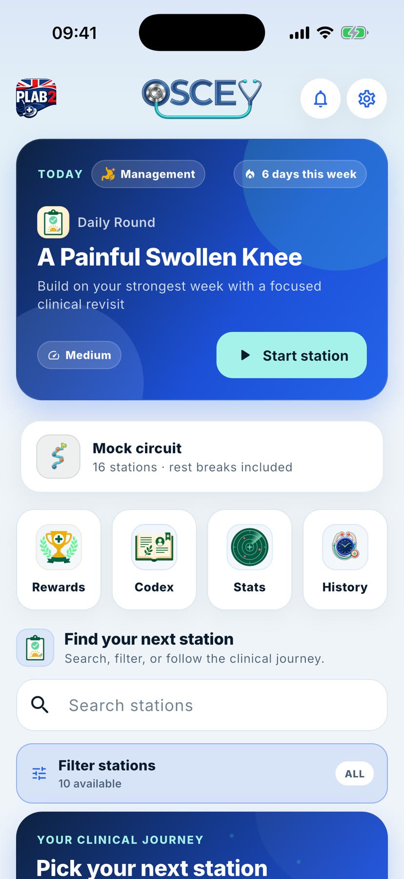 OSCEY home screen with Daily Round, mock circuit entry and station library