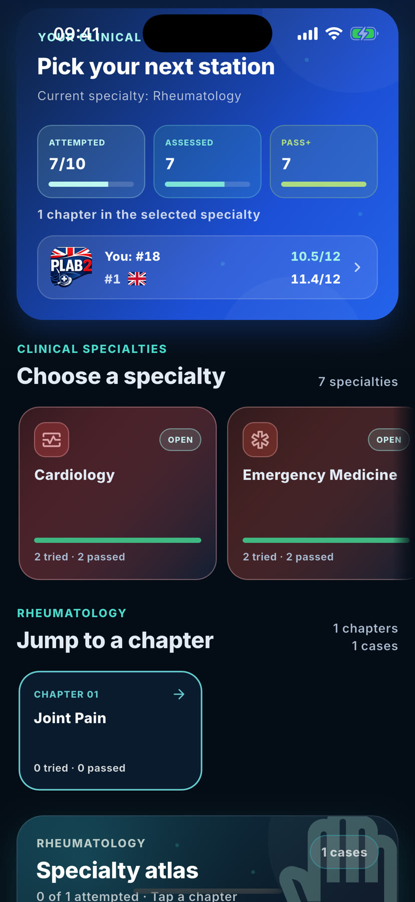 OSCEY clinical journey: specialty cards with progress through chapters and cases