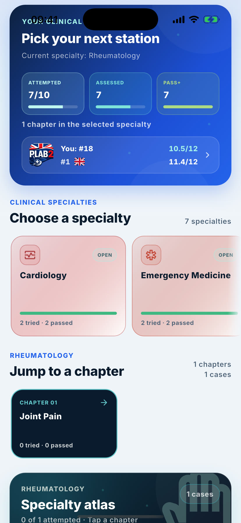 OSCEY clinical journey: specialty cards with progress through chapters and cases